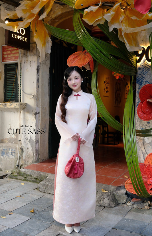 Linh Vy - Haze Cream Teardrop Cutout Red Knot Ao Dai Set