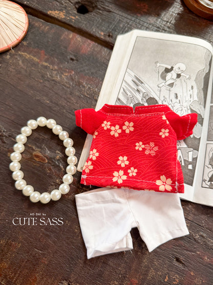 Red Daisy Mini Vietnamese Ao Dai Set for Labubu – Includes Pants & Pearl Necklace (Doll Not Included)