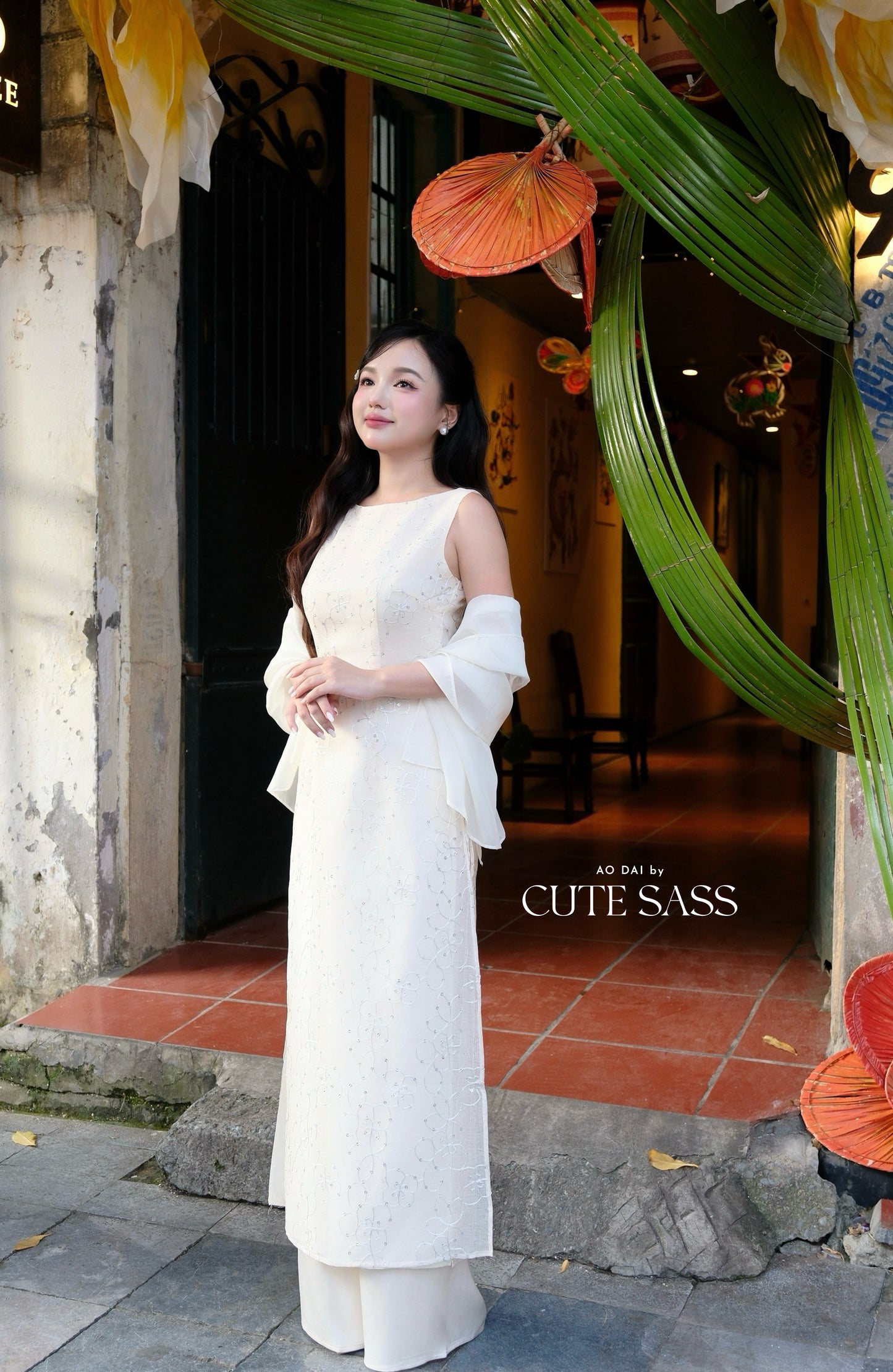 Linh Vy - Muse White Sleeveless Ao Dai Top Only and Shoulder Strings, No Pants