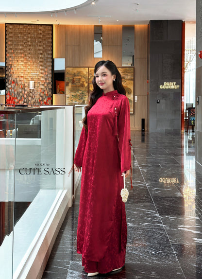 Linh Vy - Red Shifted Vows Long Sleeve Bows Ao Dai Set 13C, 14C