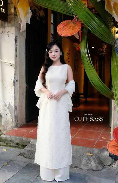 Linh Vy - Muse Cream Sleeveless Ao Dai Top Only and Shoulder Strings, No Pants 12C