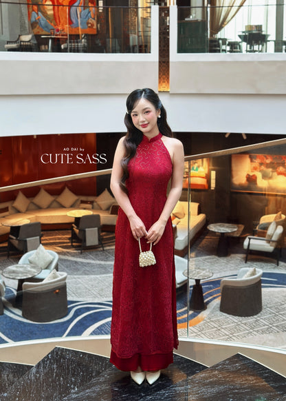 Linh Vy - Mom and Daughter Red Lace Sparkle Yem-Inspired Ao Dai Set, 6C