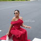 Linh Vy - Hush Red Halter Off Shoulder Wing Sleeve Ao Dai Top Only, No Pants