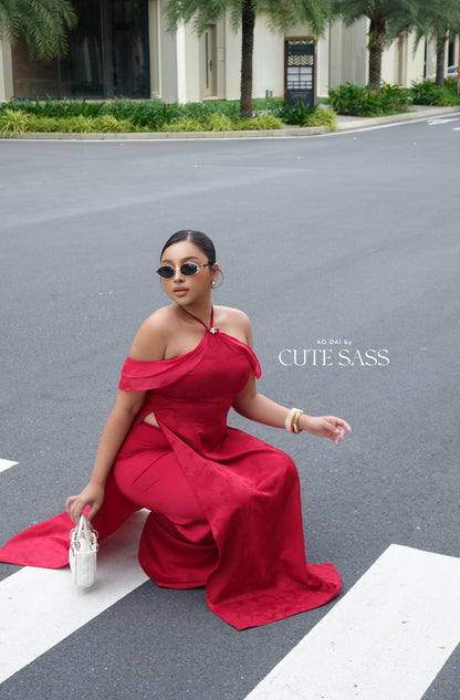 Linh Vy - Hush Red Halter Off Shoulder Wing Sleeve Ao Dai Top Only, No Pants 27C28B