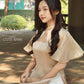 Tan Mesh Pearl Neckline Wing Sleeves Ao Dai Top Only (NO PANTS) 7b