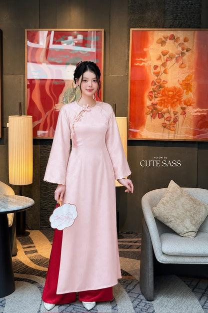Pink Silk Long Sleeve Round Collar Bow Ao Dai Top Only, No Pants