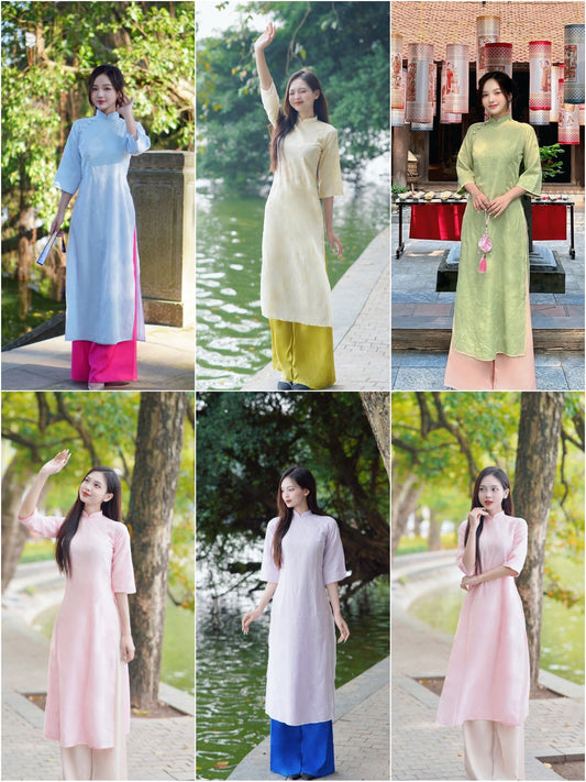 Shifted Bamboo Hidden Patterns with Buttons Ao Dai Top Only, NO PANTS (5 Colors)