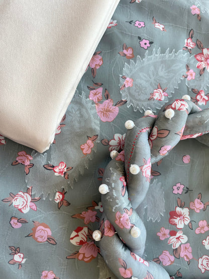 Green Mini Flowers Chiffon Ao Dai Set with Headband 14-15B