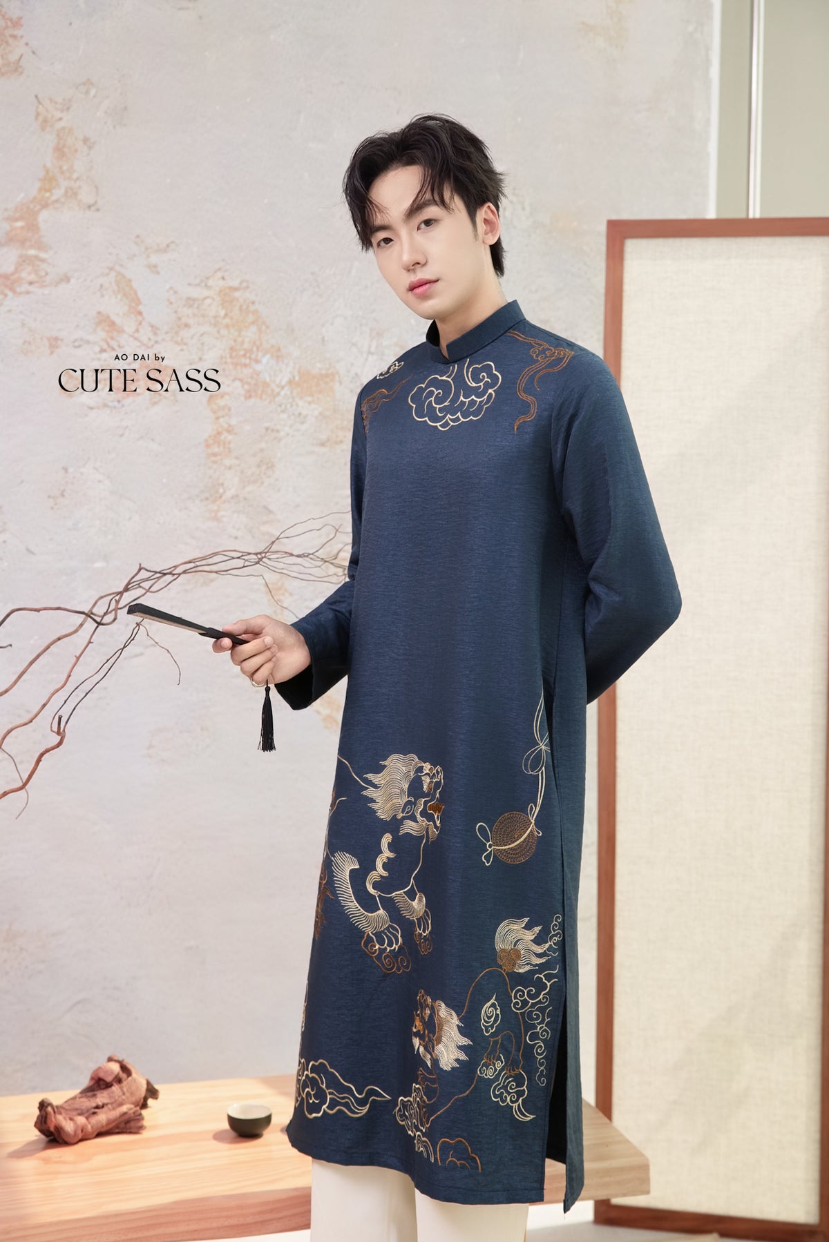 Men Blue and Gold Lion Embroidery Ao Dai Top