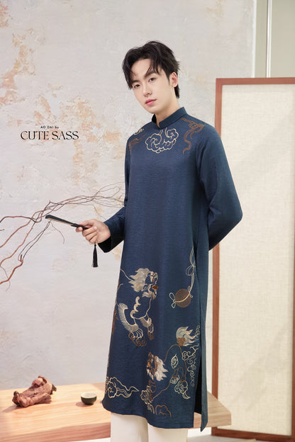 Men Blue and Gold Lion Embroidery Ao Dai Top