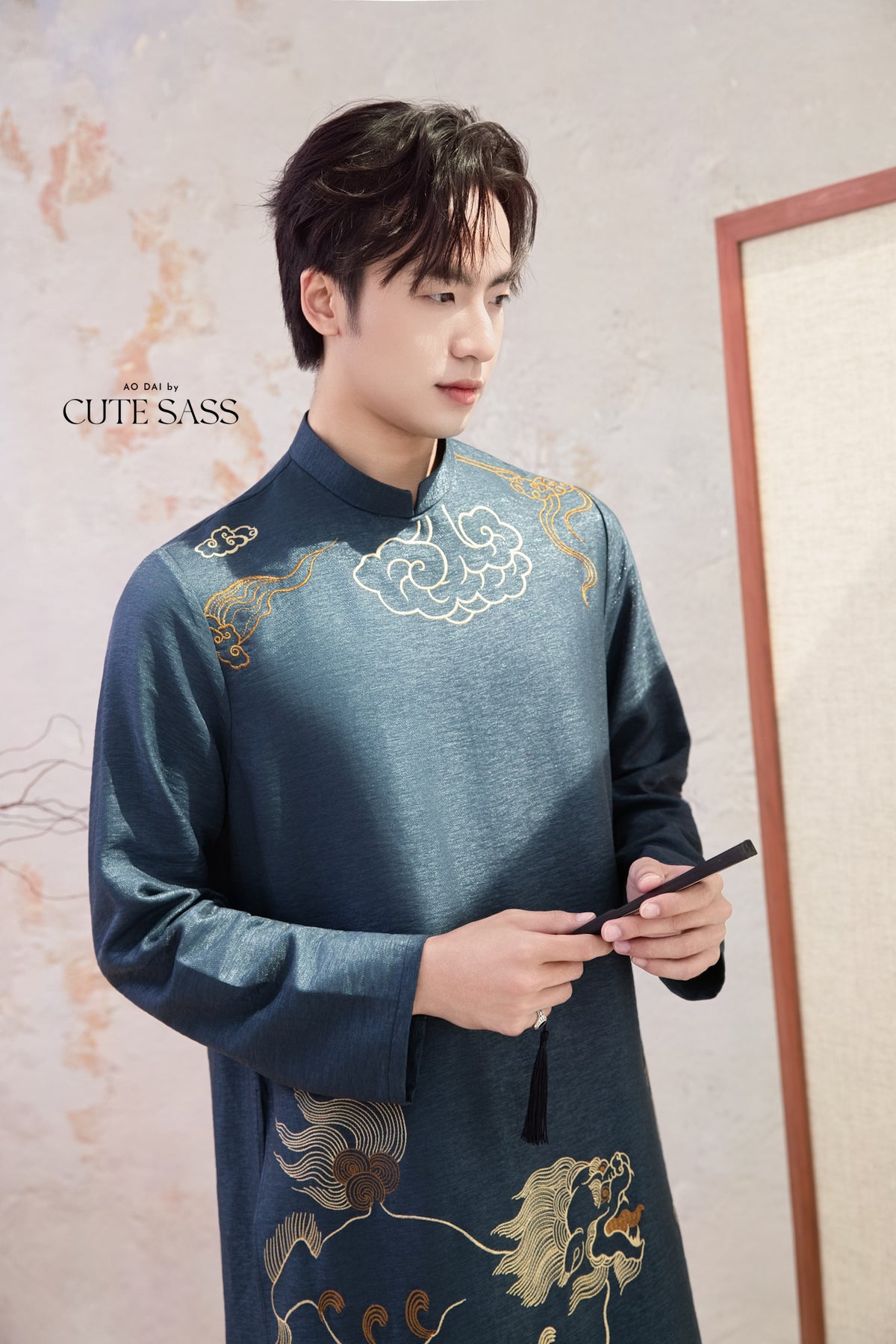 Men Blue and Gold Lion Embroidery Ao Dai Top