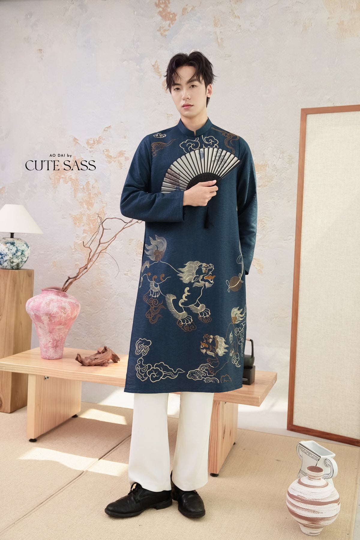 Men Blue and Gold Lion Embroidery Ao Dai Top