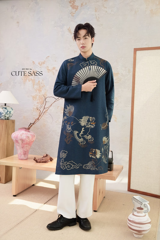 Men Blue and Gold Lion Embroidery Ao Dai Top