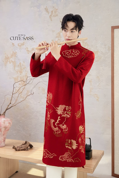 Men Red and Gold Lion Embroidery Ao Dai Top