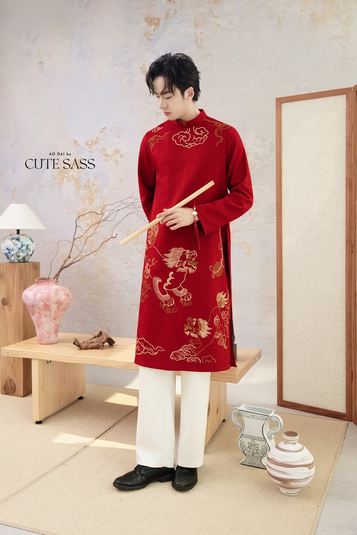 Men Red and Gold Lion Embroidery Ao Dai Top
