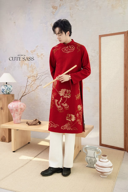 Men Red and Gold Lion Embroidery Ao Dai Top