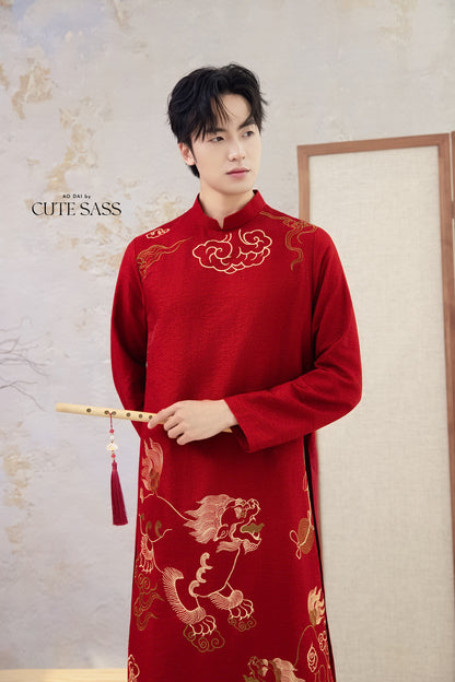Men Red and Gold Lion Embroidery Ao Dai Top