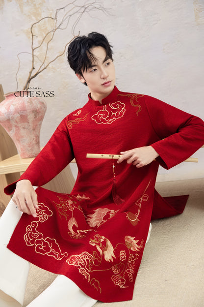 Men Red and Gold Lion Embroidery Ao Dai Top