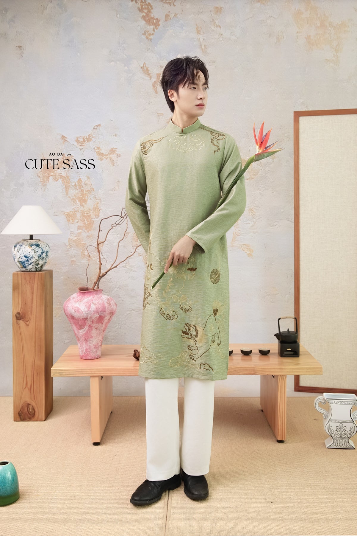 Men Sage and Gold Lion Embroidery Ao Dai Top