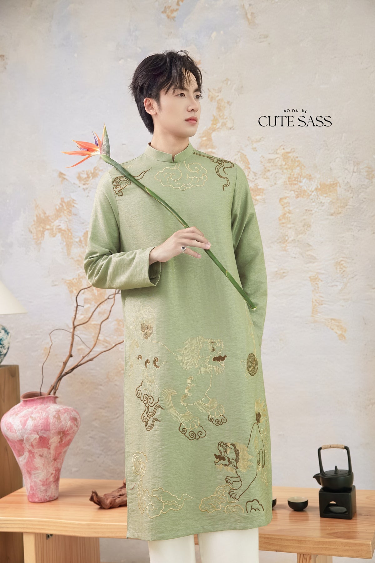 Men Sage and Gold Lion Embroidery Ao Dai Top