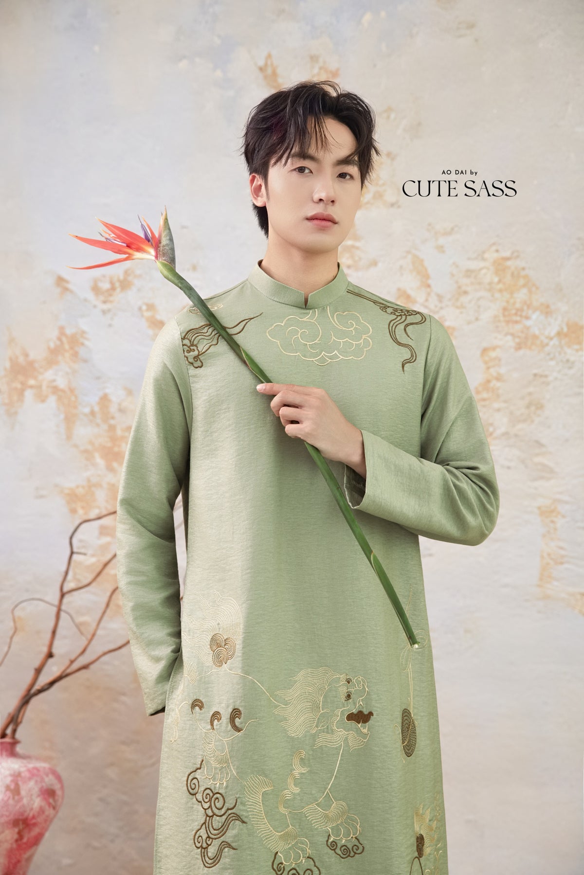 Men Sage and Gold Lion Embroidery Ao Dai Top