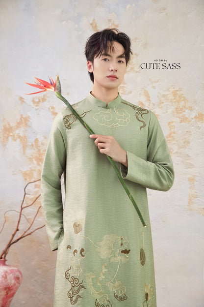 Men Sage and Gold Lion Embroidery Ao Dai Top