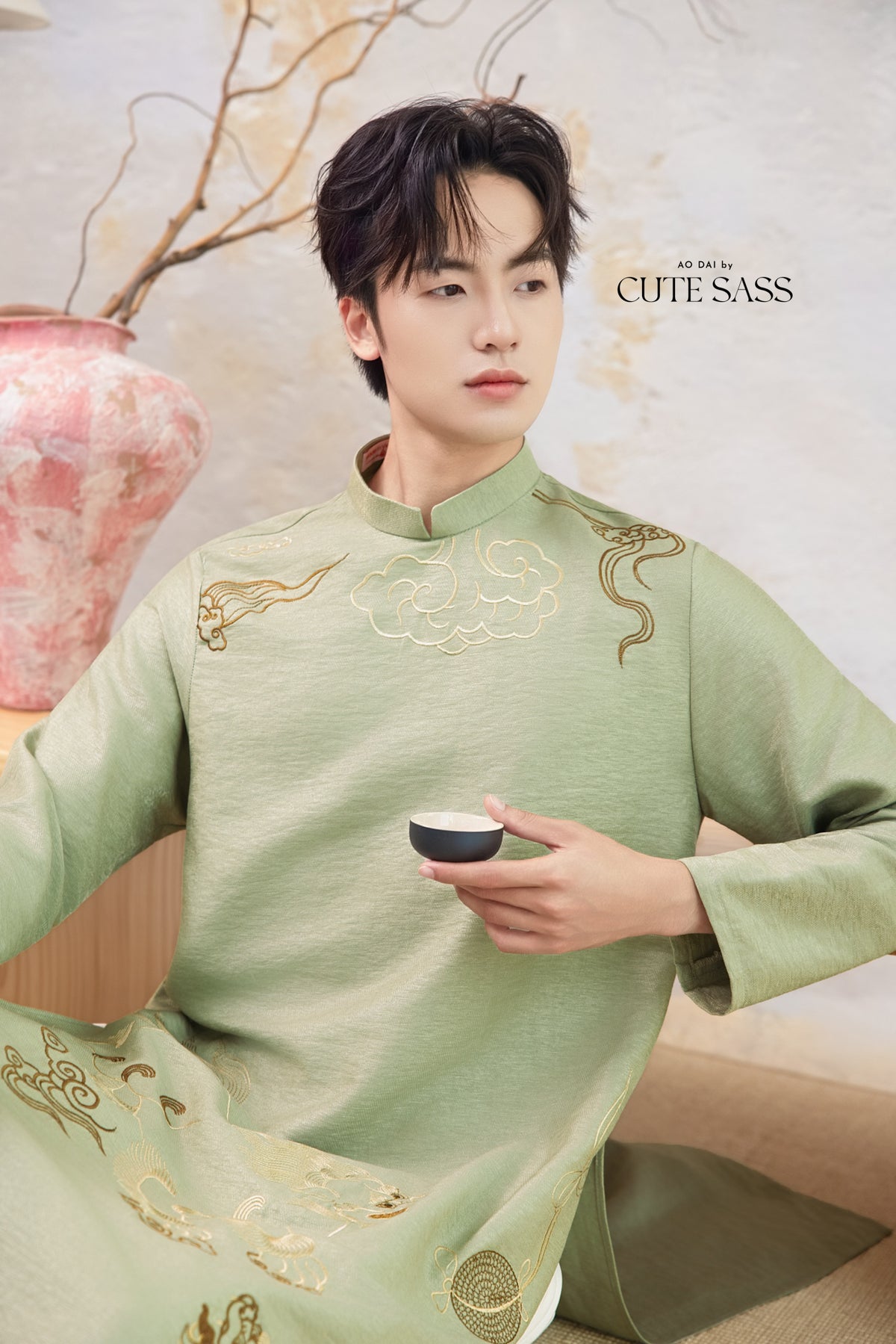 Men Sage and Gold Lion Embroidery Ao Dai Top