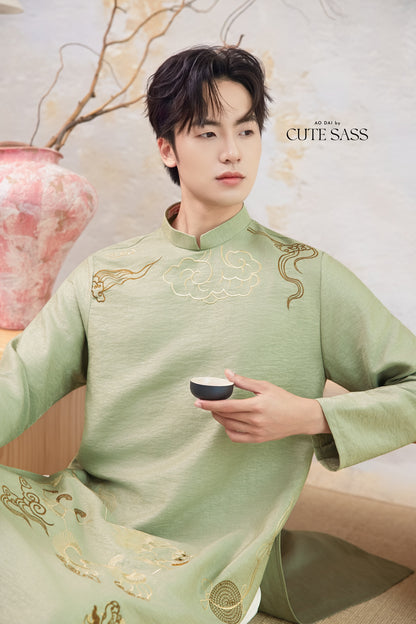 Men Sage and Gold Lion Embroidery Ao Dai Top