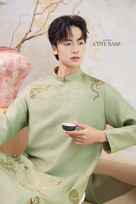 Men Sage and Gold Lion Embroidery Ao Dai Top