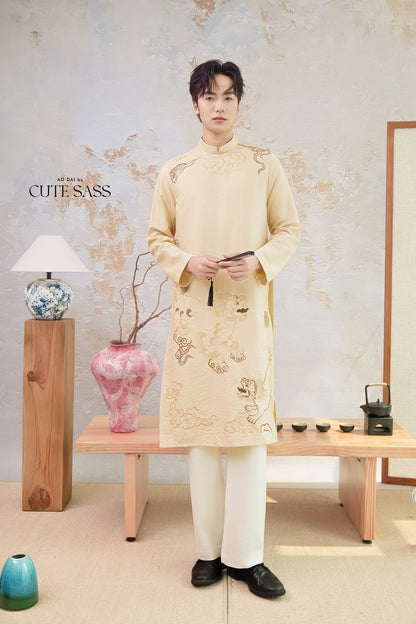 Men Cream and Gold Lion Embroidery Ao Dai Top