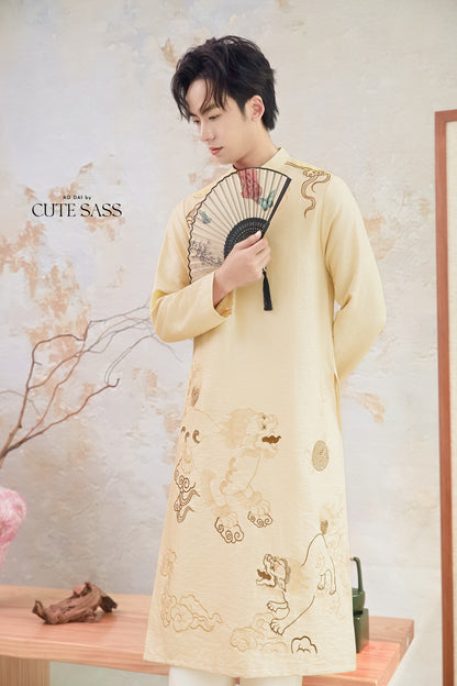 Men Cream and Gold Lion Embroidery Ao Dai Top