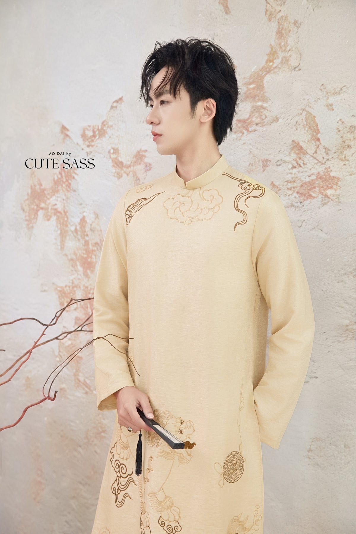 Men Cream and Gold Lion Embroidery Ao Dai Top
