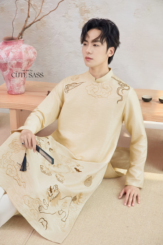 Men Cream and Gold Lion Embroidery Ao Dai Top
