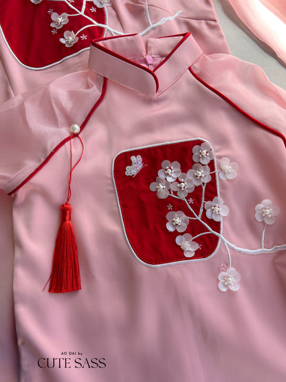Family Embroidery Red Embroidery Ao Dai Set 29C
