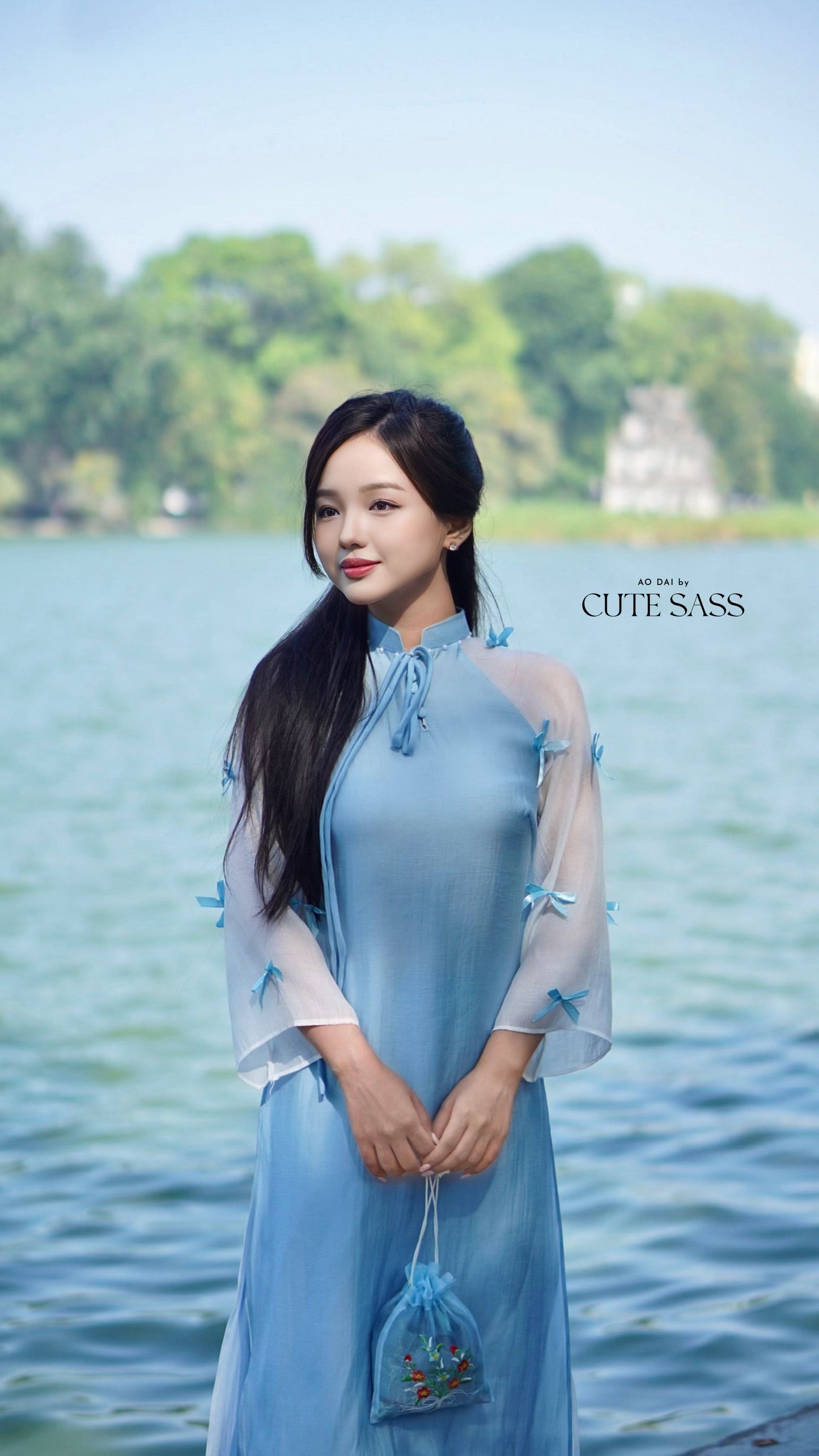 Shifted Blue Sleeves Bow Ao Dai Set (Blue or White Pants) 20C