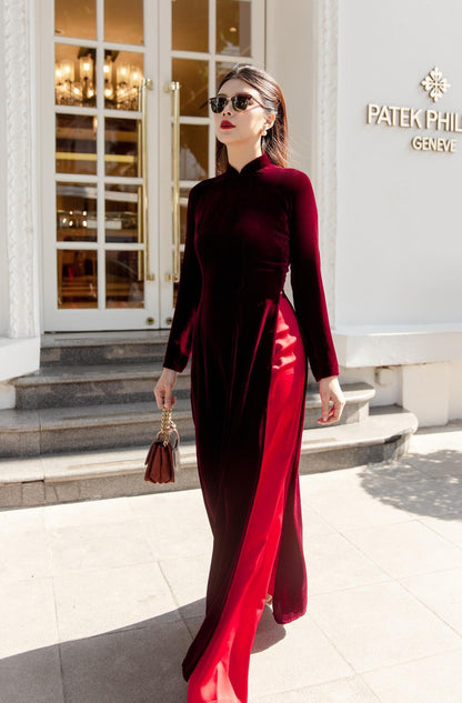Champagne Red Velvet Plain Ao Dai Top Only, NO PANTS 46E