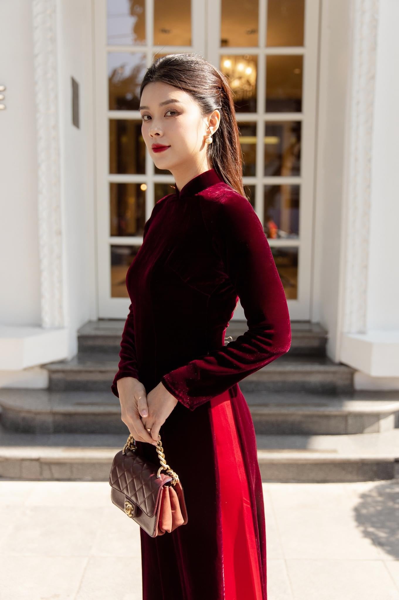 Champagne Red Velvet Plain Ao Dai Top Only, NO PANTS 46E