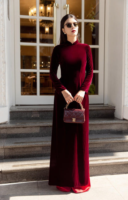 Champagne Red Velvet Plain Ao Dai Top Only, NO PANTS 46E