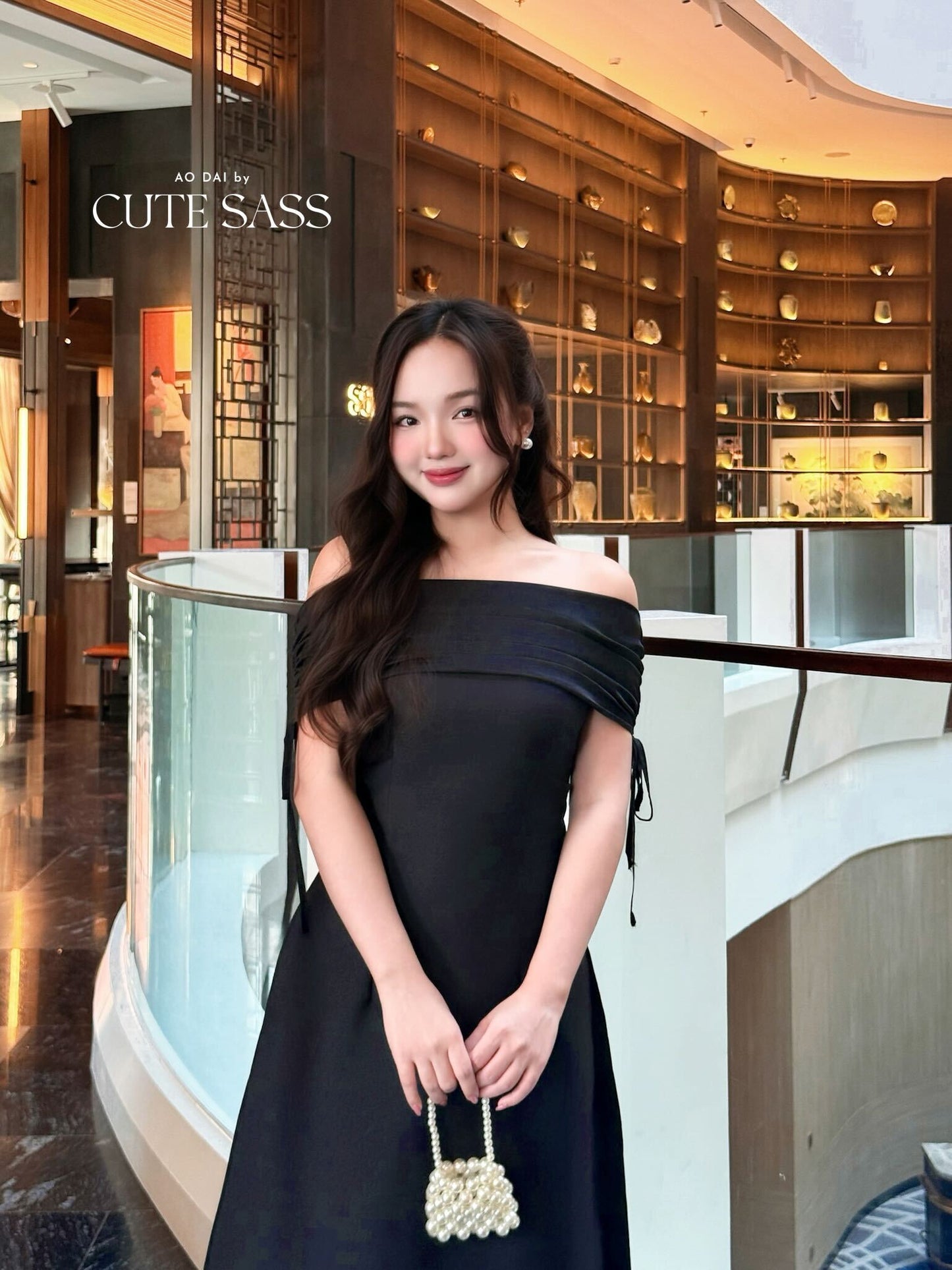 Linh Vy - Aura Black Off the Shoulder Ao Dai Top Only, No Pants 1B