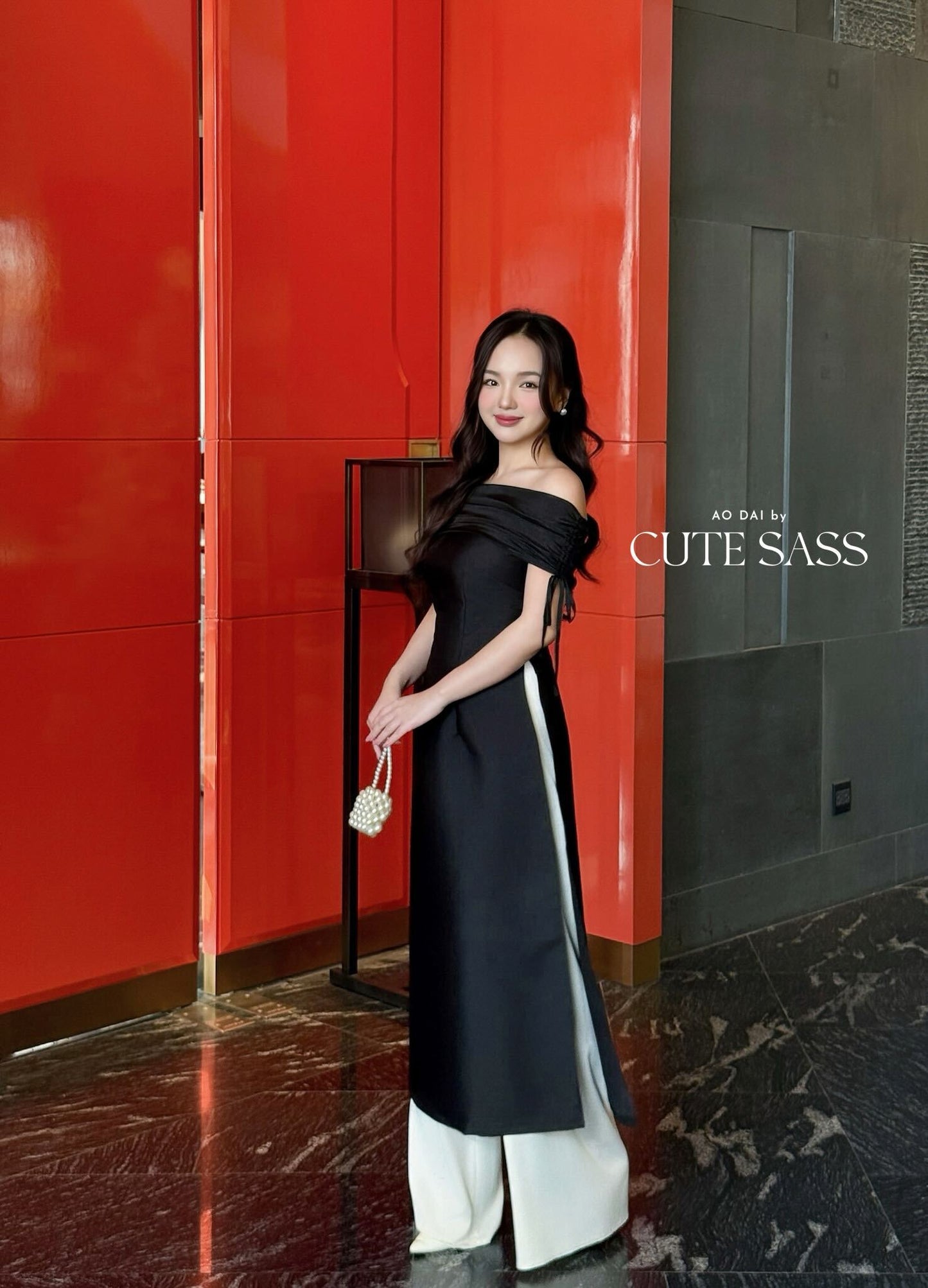 Linh Vy - Aura Black Off the Shoulder Ao Dai Top Only, No Pants 1B