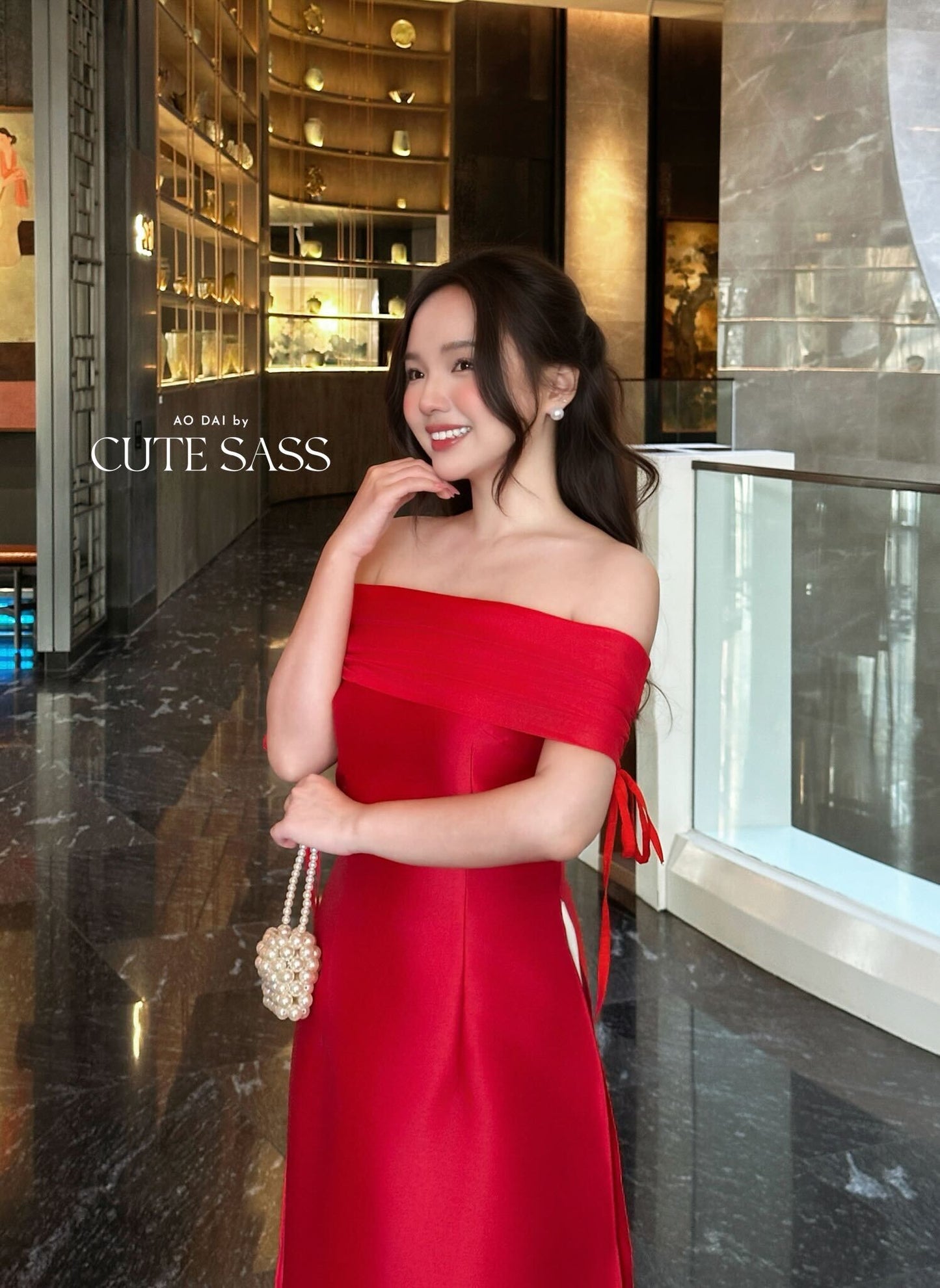 Linh Vy - Aura Red Off the Shoulder Ao Dai Top Only, No Pants 3B,C