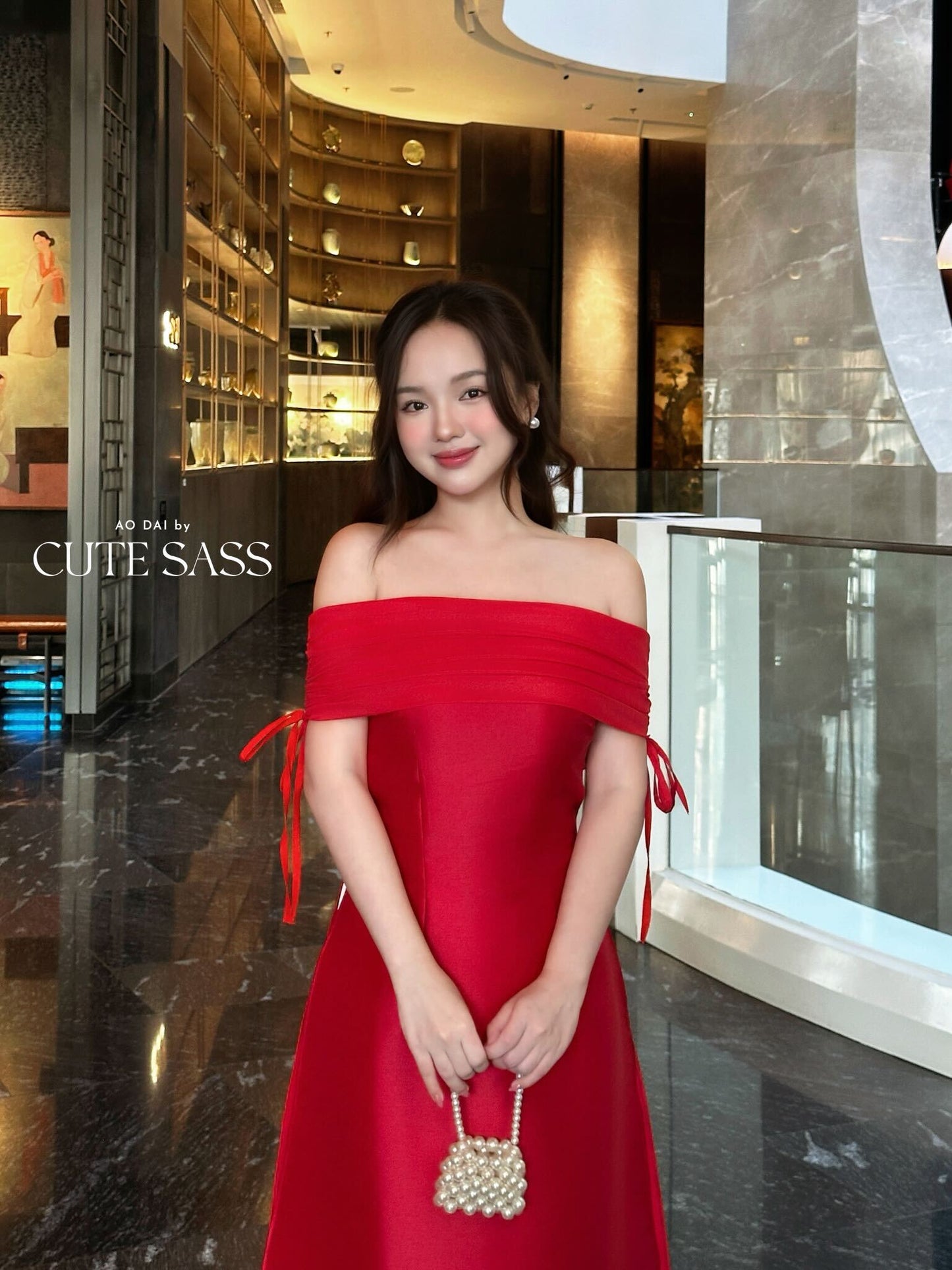 Linh Vy - Aura Red Off the Shoulder Ao Dai Top Only, No Pants 3B,C