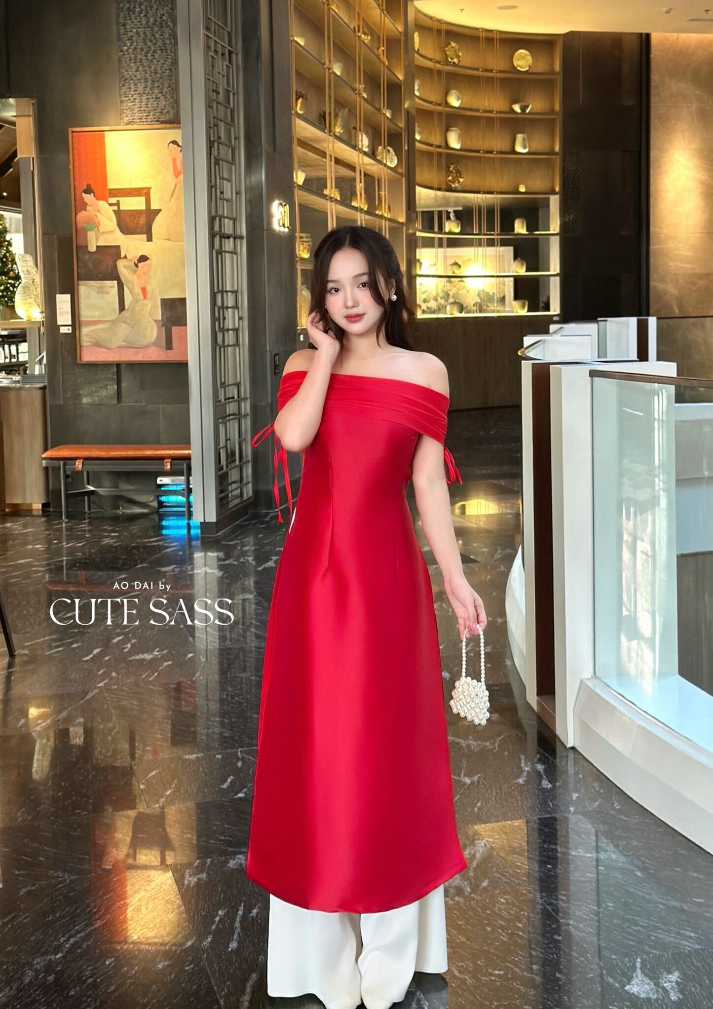 Linh Vy - Aura Red Off the Shoulder Ao Dai Top Only, No Pants 3B,C