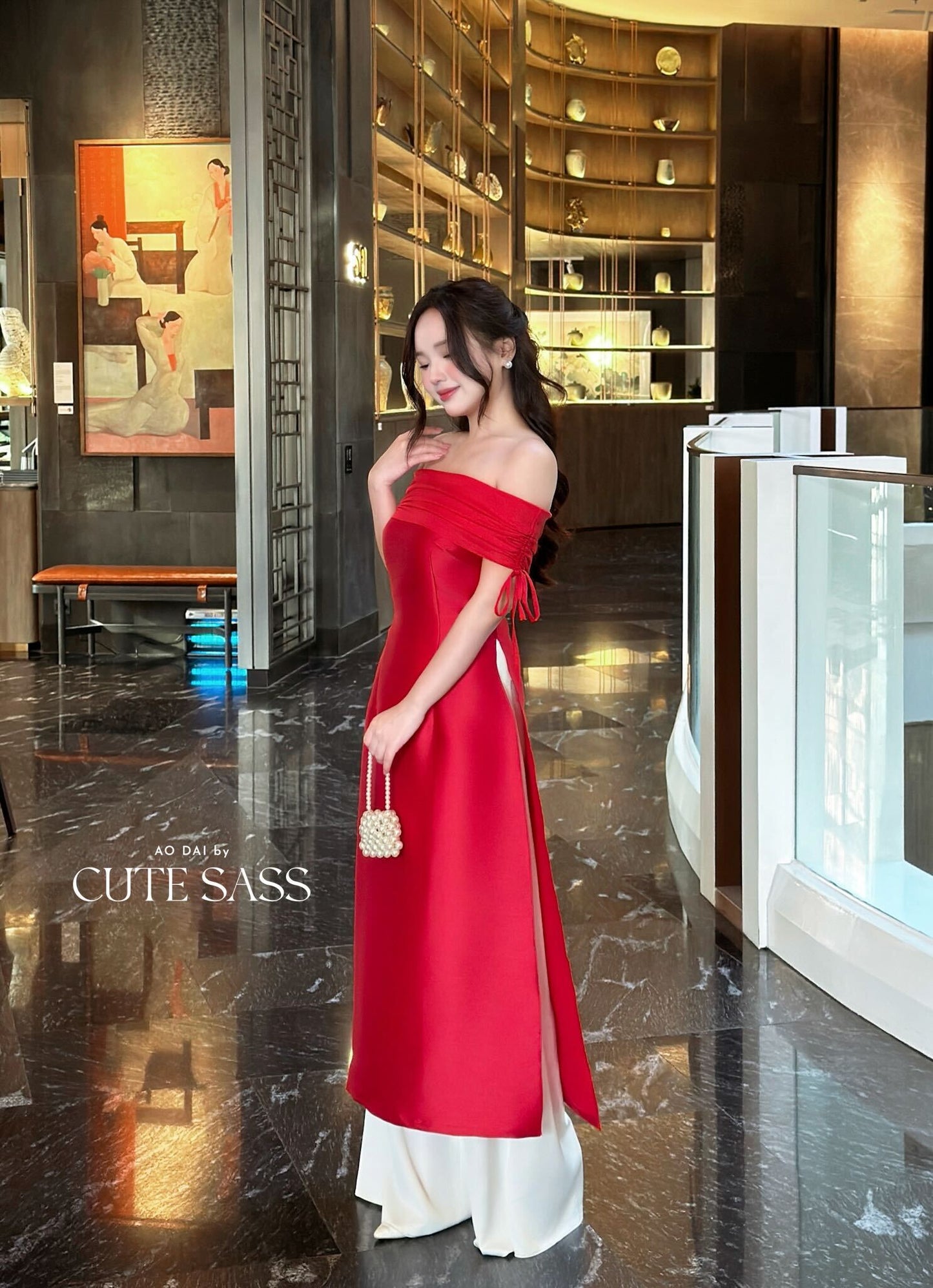 Linh Vy - Aura Red Off the Shoulder Ao Dai Top Only, No Pants 3B,C