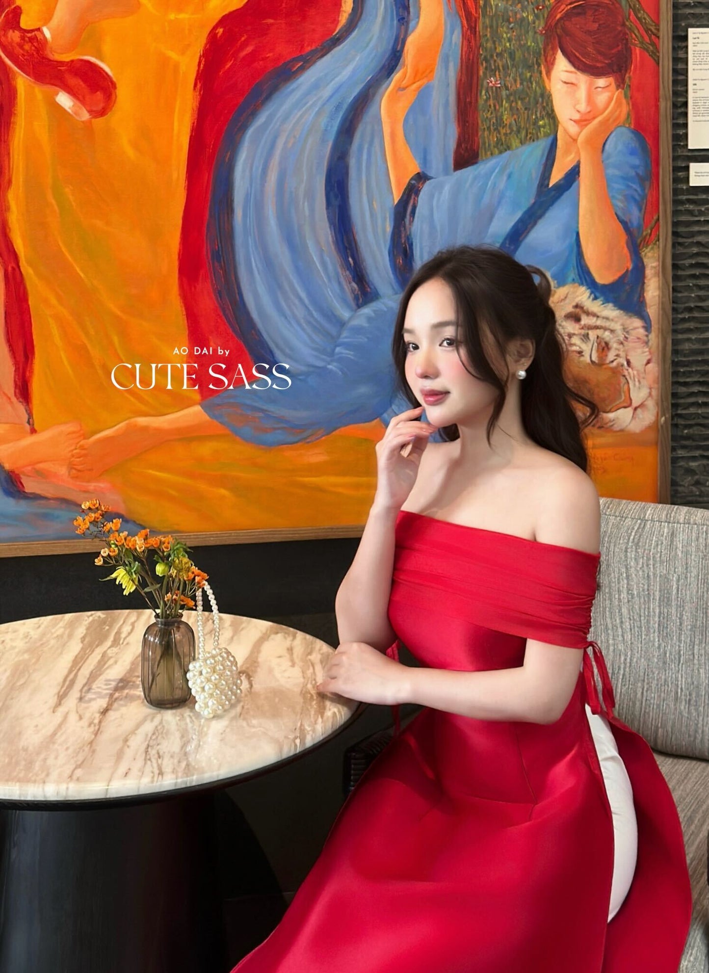 Linh Vy - Aura Red Off the Shoulder Ao Dai Top Only, No Pants 3B,C