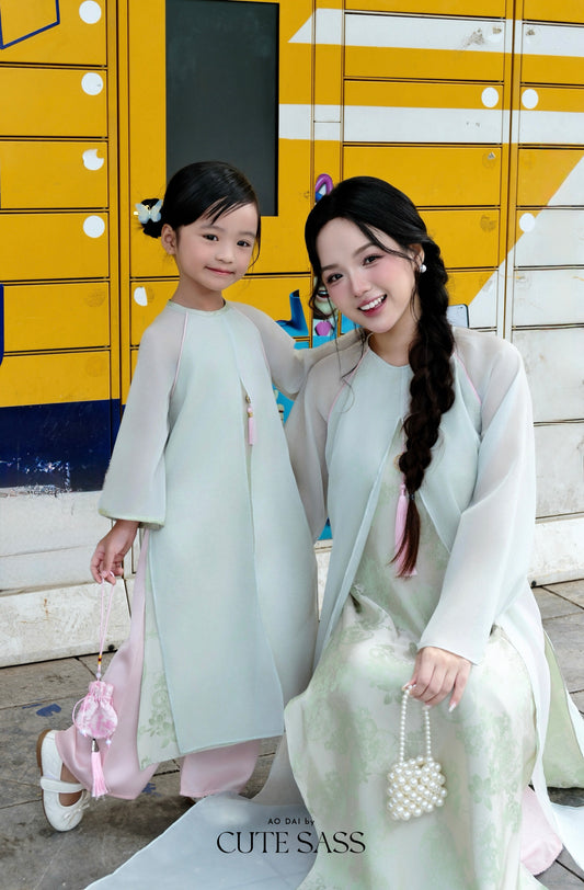 Mom and Daughter Sage Green Front-Slit with Tassel Ao Dai Set