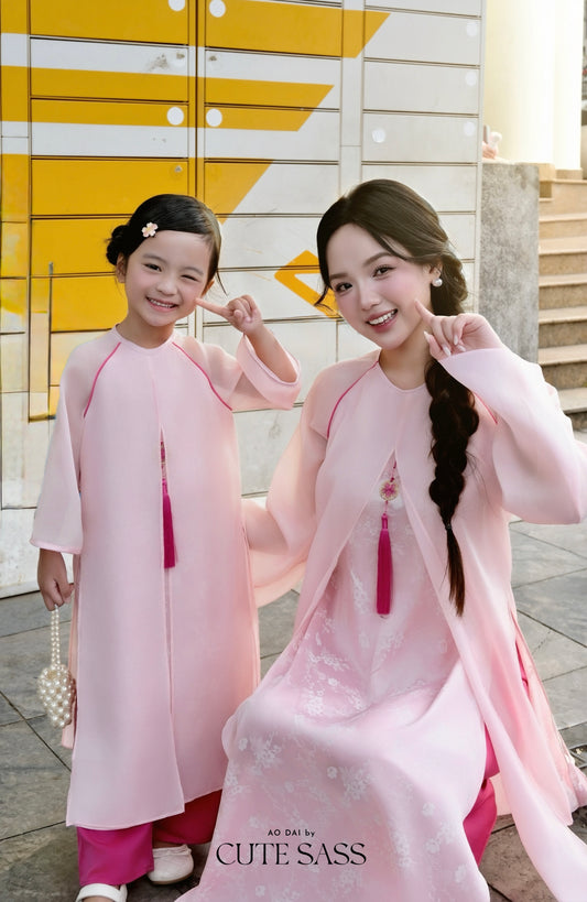 Mom and Daughter Pink Front-Slit with Tassel Ao Dai Set