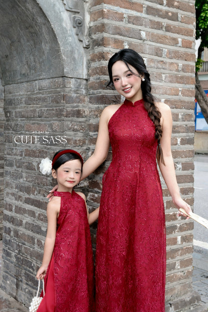 Linh Vy - Mom and Daughter Red Lace Sparkle Yem-Inspired Ao Dai Set, 6C
