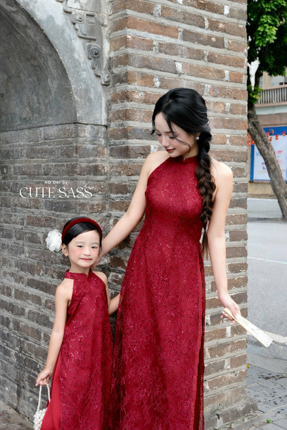 Linh Vy - Mom and Daughter Red Lace Sparkle Yem-Inspired Ao Dai Set, 6C