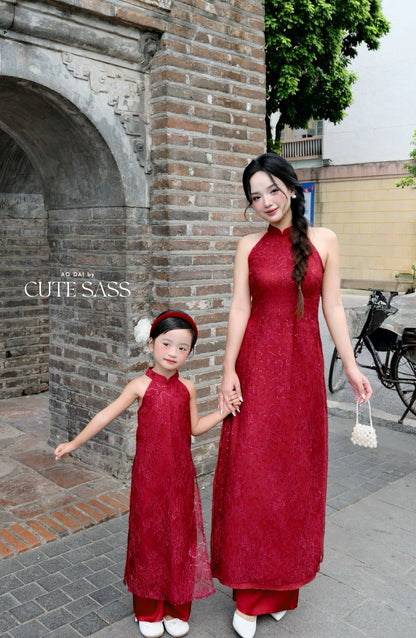 Linh Vy - Mom and Daughter Red Lace Sparkle Yem-Inspired Ao Dai Set, 6C